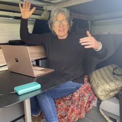 Jillian's set up in the van for her client meeting