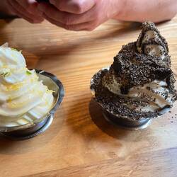 Melon and milk; black sesame sundae with huckleberry jam