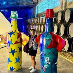 These painted bottles are part of an art exhibit.