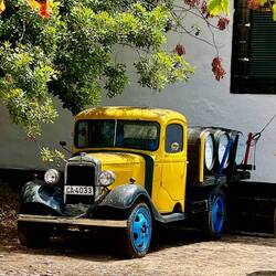Antique truck showcased on the grounds.