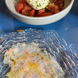Part of our dinner - shrimp tartar and burrata/tomato salad- yummy!