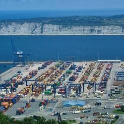 The shipping containers at the port were very colourful