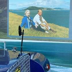 The Queen and Prince Phillip in a photo above the jeep.