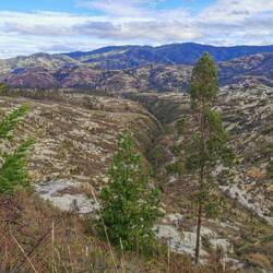 Die Landschaft hier ist sehr trocken und zeigt wüstenähnliche Steinformationen