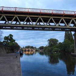 Our mooring with the railway bridge in the foreground and Worcester Bridge in background