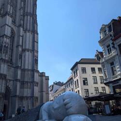 Nello and Patrasche statue outside the Cathedral, in which they sheltered in the story.