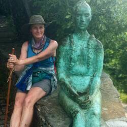 Sheila and her new friend at the top of the climb to O Cebreiro