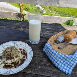 Frischkäse mit Zwiebelringen, Traubenkernöl und frischer Frischmilch