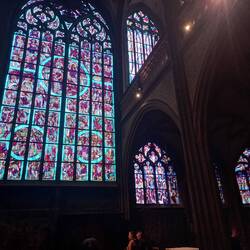 Rosary window in St. Nicholas chapel inside Aachen Cathedral