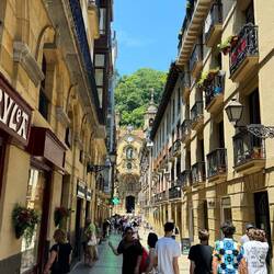 Old town streets lined with small shops and pintxo bars and restaurants.