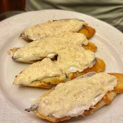 Second favorite pintxo of the night- not pretty but delish! Anchovies with creamed crab on toast.