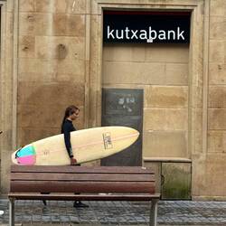 San Sebastián & surrounding areas are popular surfing areas. Funny to see a surfboard in the city.