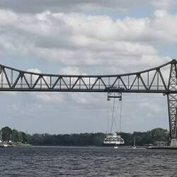 Transporter suspended below the bridge at Rendsburg