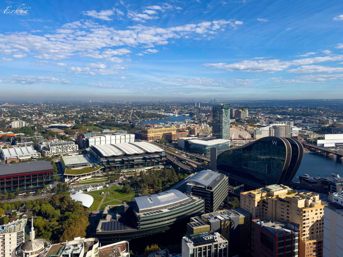 View of Darling Harbour and the skyline from our suite — Sydney, NSW.