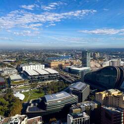 View of Darling Harbour and the skyline from our suite — Sydney, NSW.