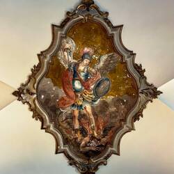 Ceiling fresco in one of the rehearsal spaces, a tourism office.