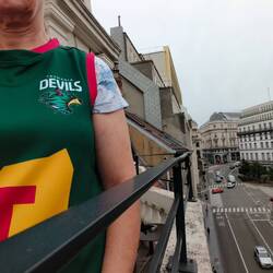 Sporting the Tasmania Football Club shirt