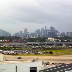 View of the Sydney skyline from our room at the Rydges @ SYD — Mascot, NSW.