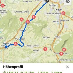 Habe heute früh vergessen die App mitlaufen zu lassen. Ca. zwei Kilometer ab Pamplona fehlen!