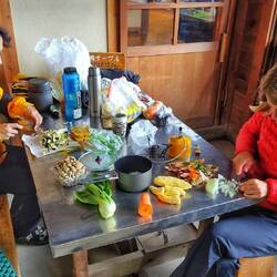 So viel frisches Gemüse haben wir noch nirgendwo hoch geschleppt. Es gibt japanisches Curry.