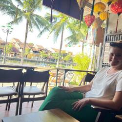 Enjoying a coffee on the main river front walk