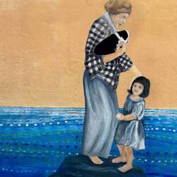 This is part of a mural that shows family connections- grandparent with grandchild.