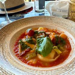 Ravioloni with tomato, basil, cheese. So good!