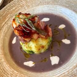 Val and I shared this antipasto of a broccoli flan with purple potato puree, goat cheese, bacon. !!