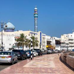 Mutrah Corniche ... tile minaret and dome of the Masjid Al Rasool Al A'dham — Muscat, Oman.