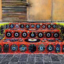 Shop steps decorated with glass evil eyes for good luck ... Mutrah Souq — Muscat, Oman.