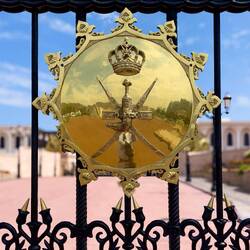 The national emblem of Oman ... the Janbiya Bo Sayfain ... on the palace gate — Muscat, Oman.