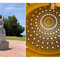 Statue and a shade shelter on the Corniche — Muscat, Oman.
