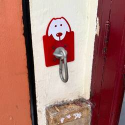 It is a dog friendly city. There are usually water bowls at cafes, and cafes have hooks like this.