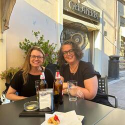 Bookend pic of Val and me at the final piazza beverage hour after the concert
