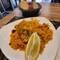 The restaurant was full. The waiter set up a table for me at the entrance. 1st course: meat paella