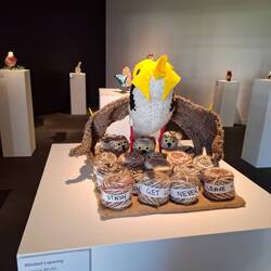 Knitted bird display in Warwick Art Gallery