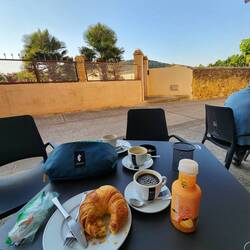 Breakfast time in Villatuerta. The croissant was hot out of the oven.