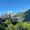 Back in the parking and visitor center of the Ordesa park - church with the backdrop of mountains