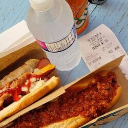 2 loaded dogs, a couple of cold drinks, $30.