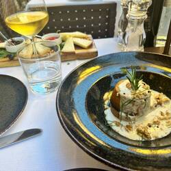 Dinner was two antipasti: sheep's cheese plate and a savory pumpkin flan