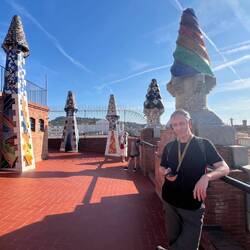 The roof of Palace Guell in a typical Gaudi style with his whimsical chimneys