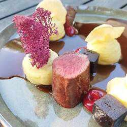 Rentier Filet mit Rentier Blutwurst, Kartoffel stampfy Rotwein Balsamico Sauce, Preiselbeer Püree u