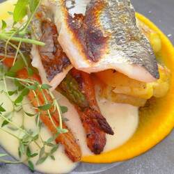 Felchen mit 2erlei Karotte, Spargel, Zwiebel-Butter Sauce und Kartoffel