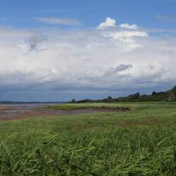 On the R is a stantion of the Severn Railway Bidge, destroyed when 2 tankers hit it & exploded