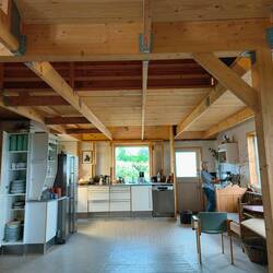 The renovated barn is Ib's workshop and Karen's art studio when not used for parties