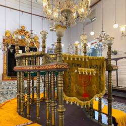 The pulpit and one of the Belgian chandeliers at the Paradesi Synagogue ... Jew Town — Kochi, India.