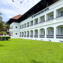 The grounds on the river side of the Brunton Boatyard Hotel — Kochi, India.
