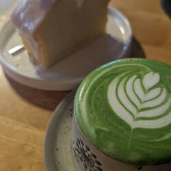 Pretty matcha latte and huuge slab of cake!