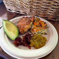 Avocado, fish cake, frittata, beetroot relish and green tomato relish