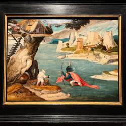 The Giant Christopher serves Christ by bringing him with the weight of the world across a river